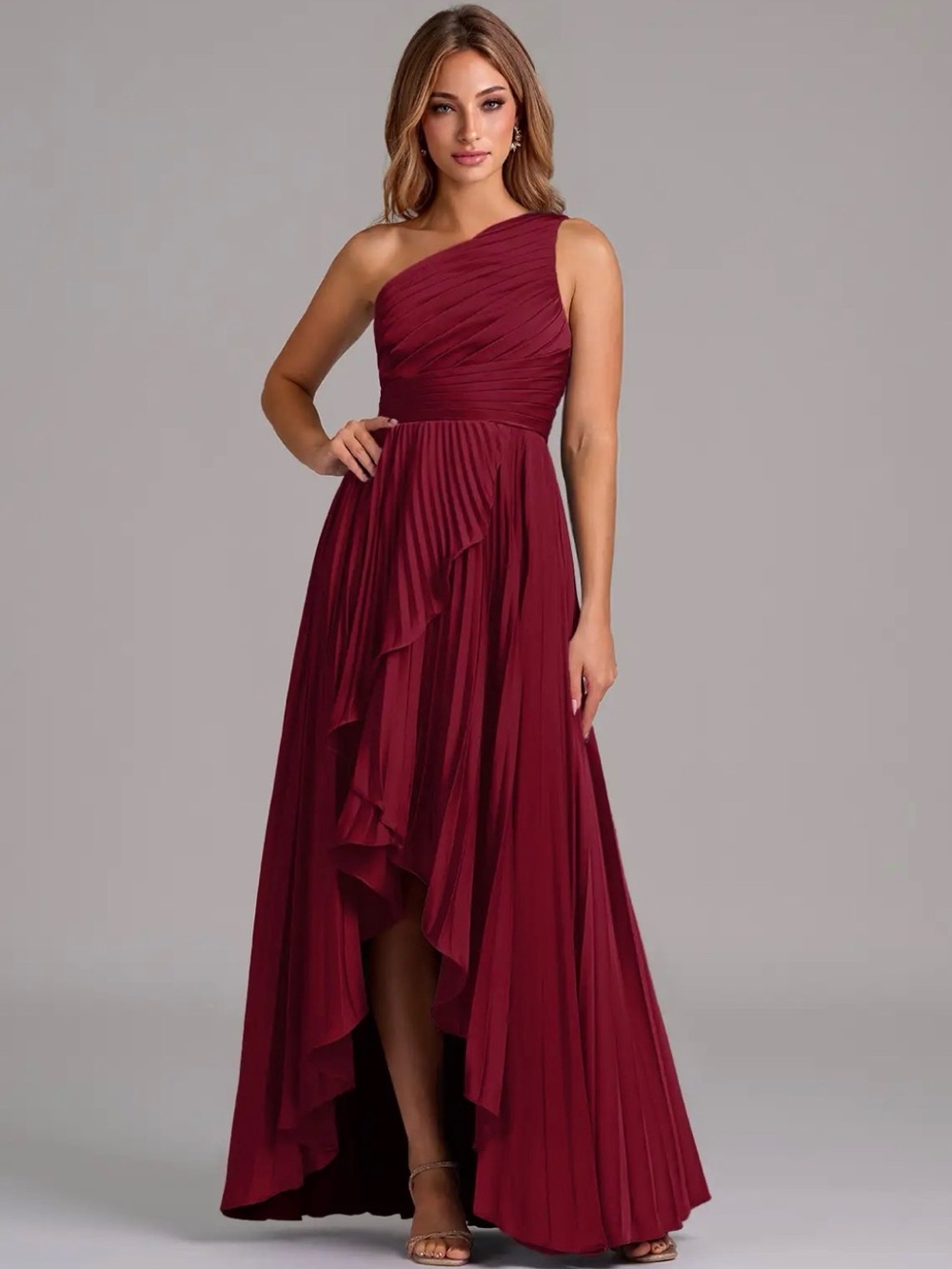 One-Shoulder Burgundy Evening Gown